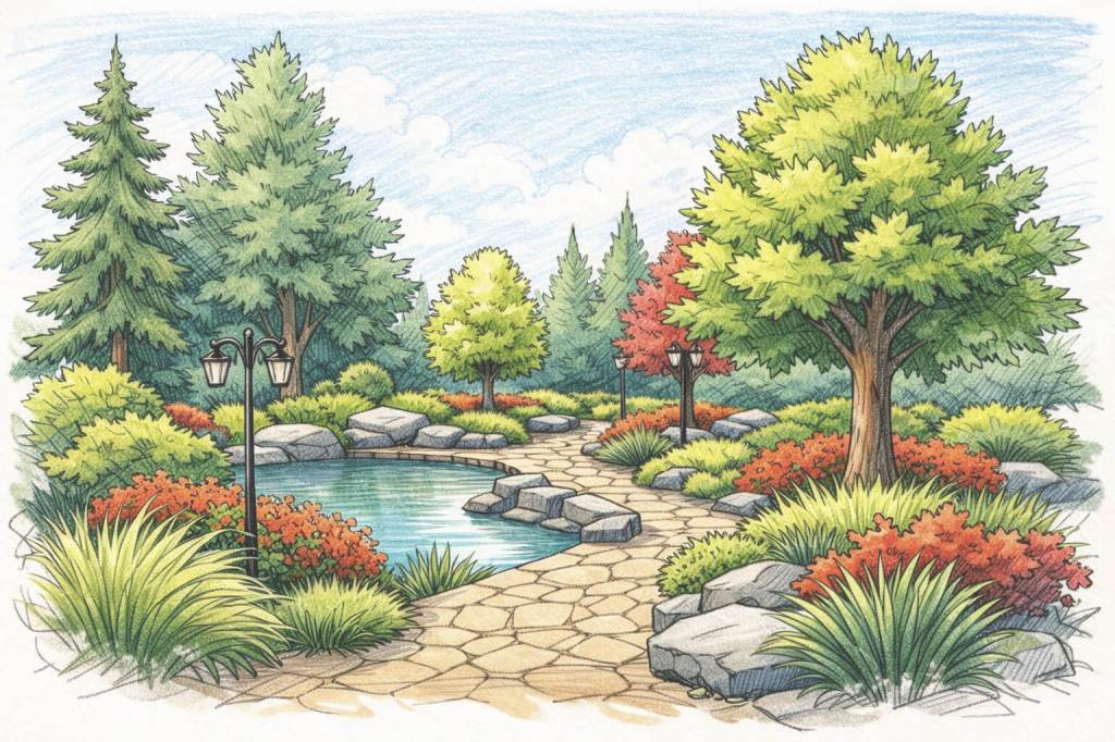 Image chargée
recrée cette image en format paysage 3:4. Apporte un style davantage dessiné à la main. on doit sentir les coups de crayon
Modifier
quel est le alt text de cette image?
Illustration d’un aménagement paysager dessiné à la main : un sentier en pierre sinueux longe un petit étang, entouré d’arbustes, de vivaces et de rochers, avec des arbres feuillus et conifères en arrière-plan, des touches de couleurs rouges et vertes, et des lampadaires décoratifs, le tout avec des traits de crayon visibles et une texture artistique.